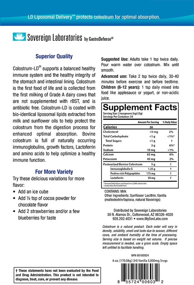 Sovereign Laboratories, Colostrum-LD, Vanilla 6oz
